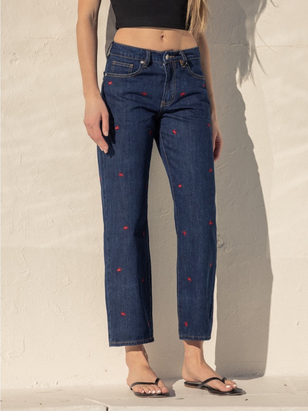 Embroidered Navy Straight-Leg Jeans with Red Accents